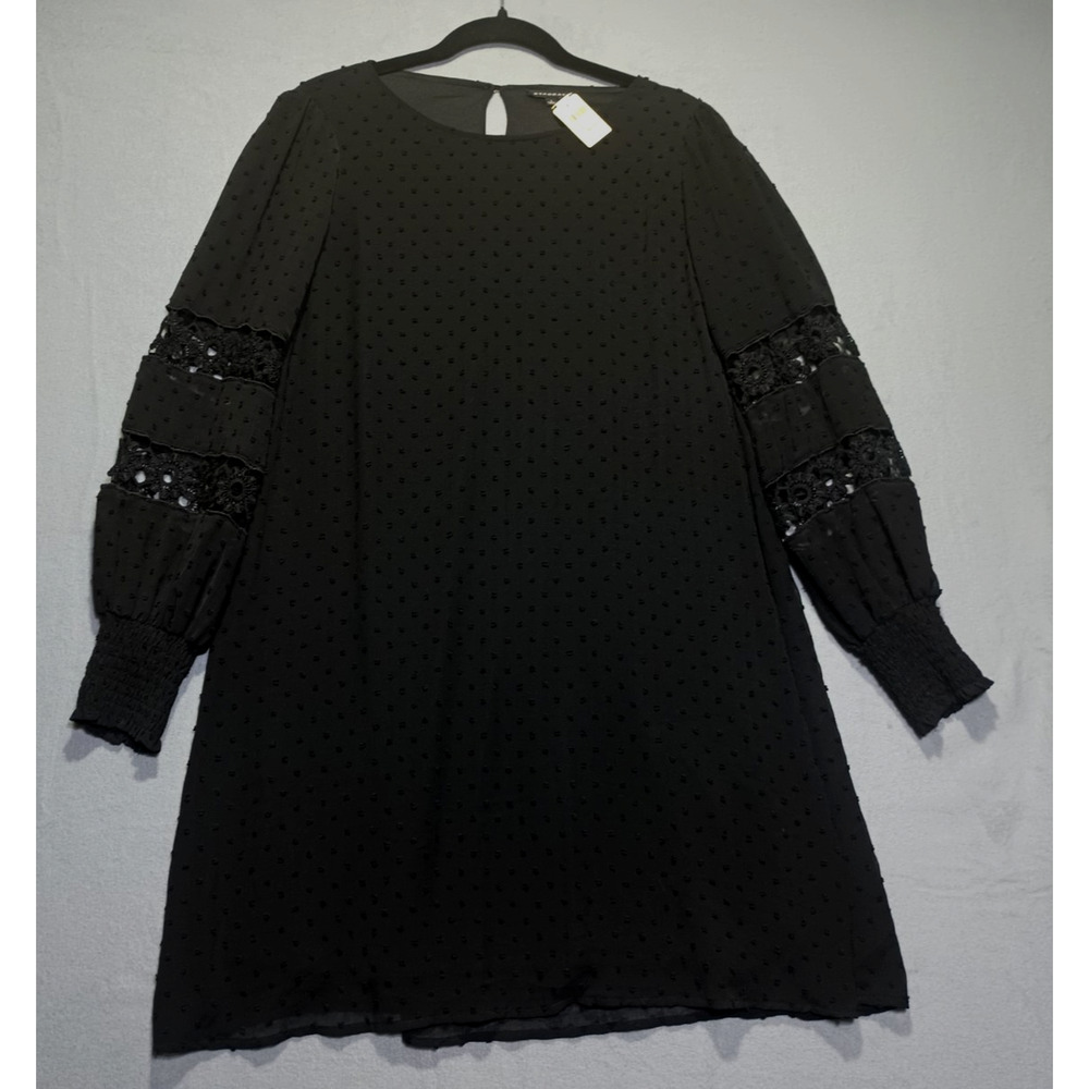 NWT Staccato Womens Large Black Swiss Dot Dress Lace Sleeve Boho Shift Mini